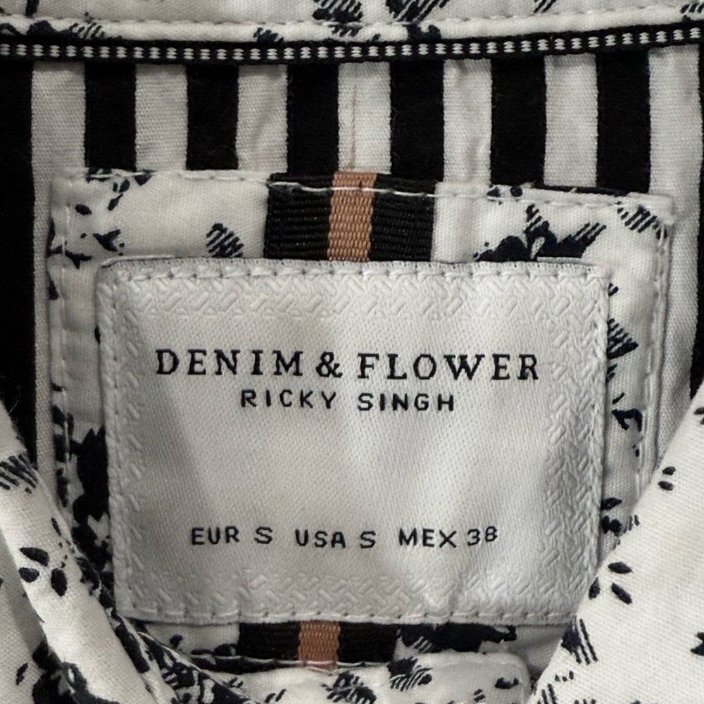 Denim & Flower Mens Floral Button Down Shirt Black White Cotton Small - Picture 5 of 11